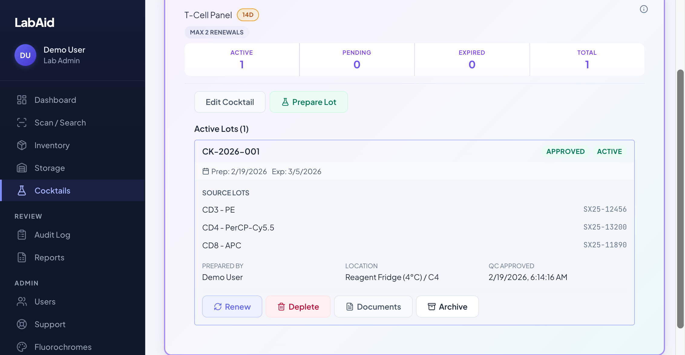 Cocktail tracking page showing expanded T-Cell Panel recipe with active prepared lot