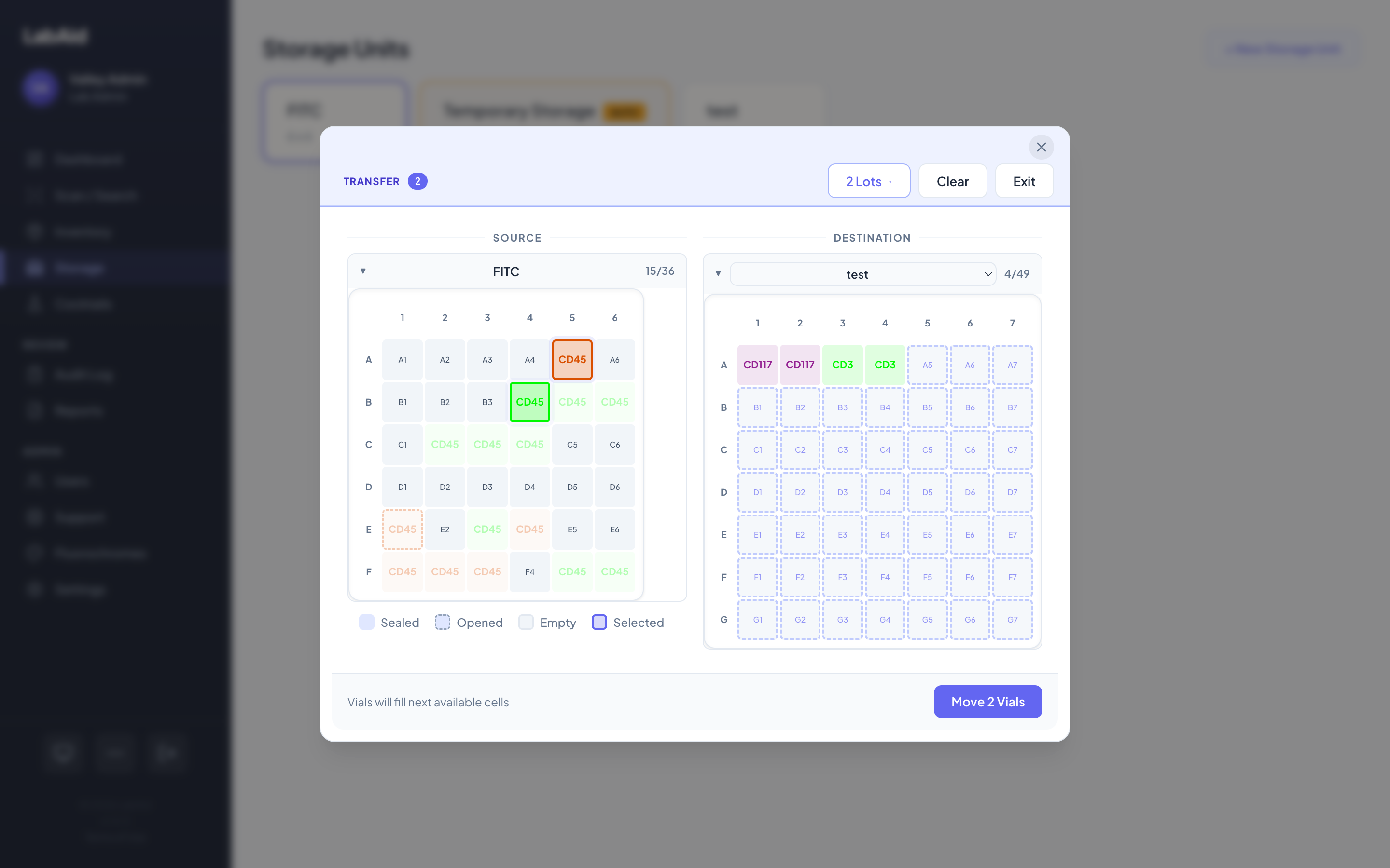 Storage transfer mode with source and destination grids, selected vials highlighted